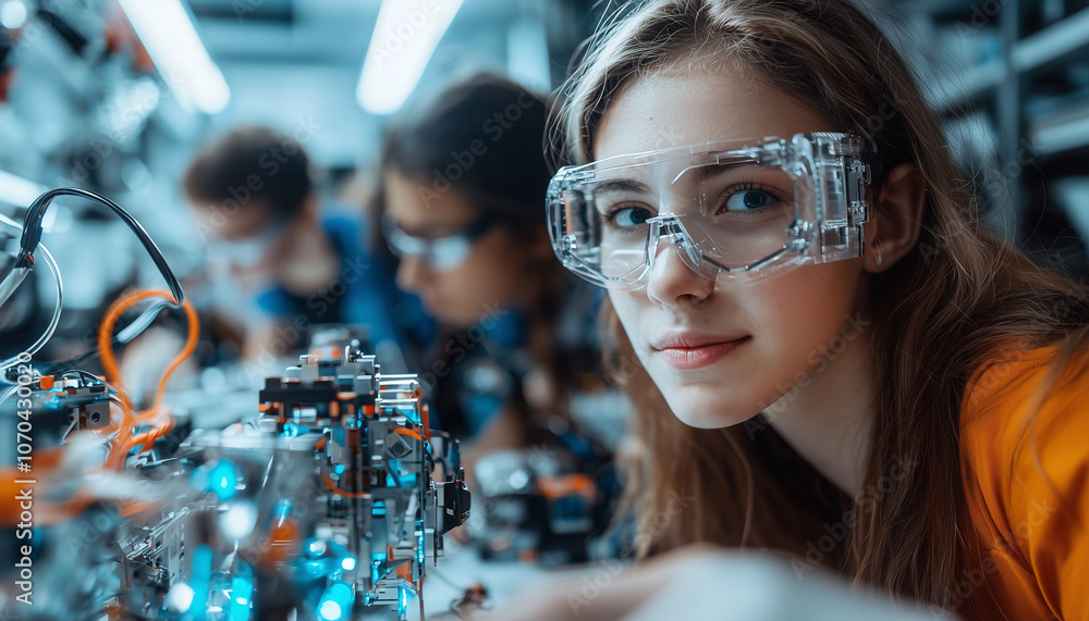 Aufkleber diverse group of students participates in robotics workshop, focusing intently on their projects. atmosphere is filled with innovation and teamwork as they collaborate on building intricate robotic