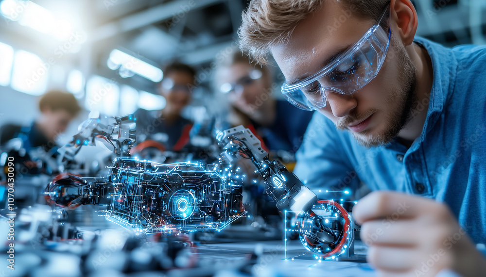 Aufkleber focused student wearing safety goggles works on robotics project in high tech lab, surrounded by adv