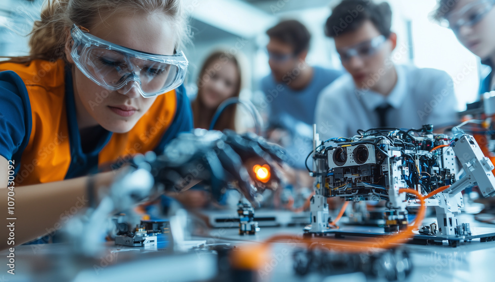 Aufkleber diverse group of students participates in robotics workshop, focusing intently on assembling and programming robots. atmosphere is collaborative and innovative