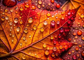 Fototapeta premium Orange-red fall leaf, close-up, water droplets, rule of thirds composition.