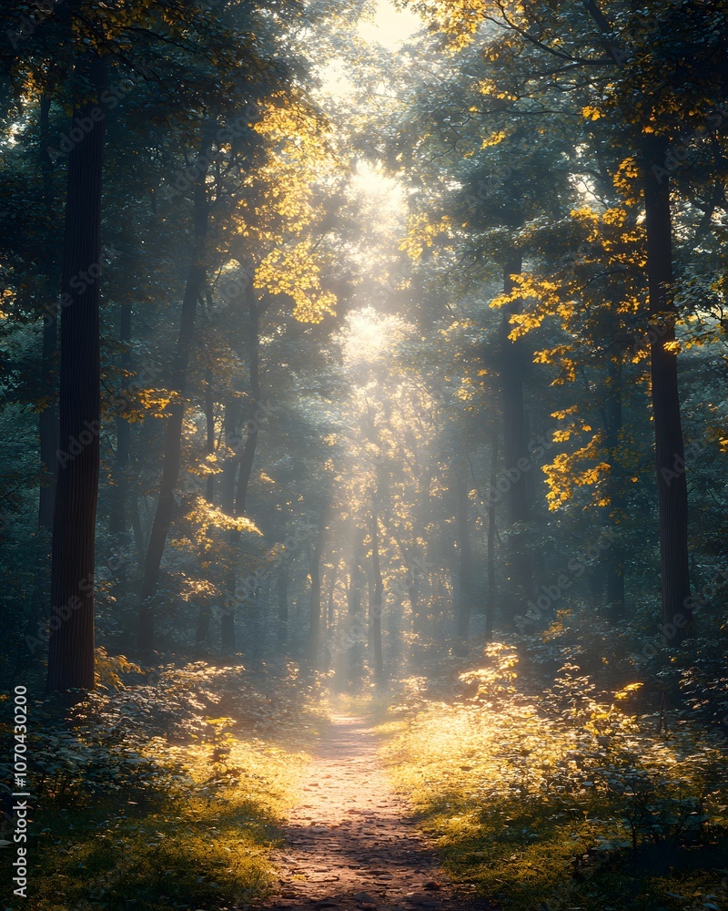 Poster a serene forest path illuminated by sunlight filtering through the trees.