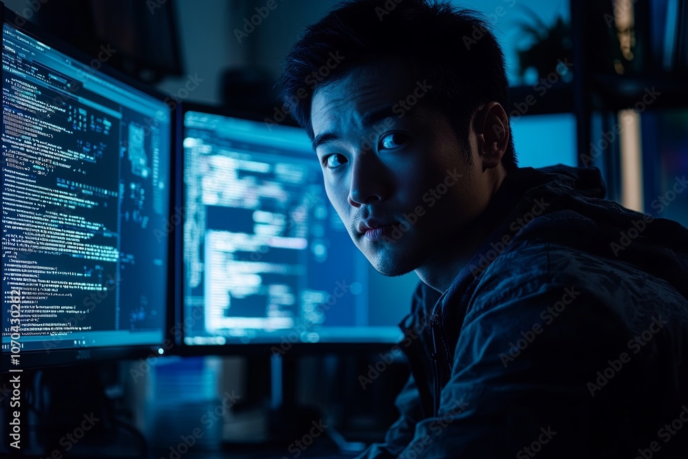 Poster a focused individual working late at night on computer programming in a dimly lit office filled with