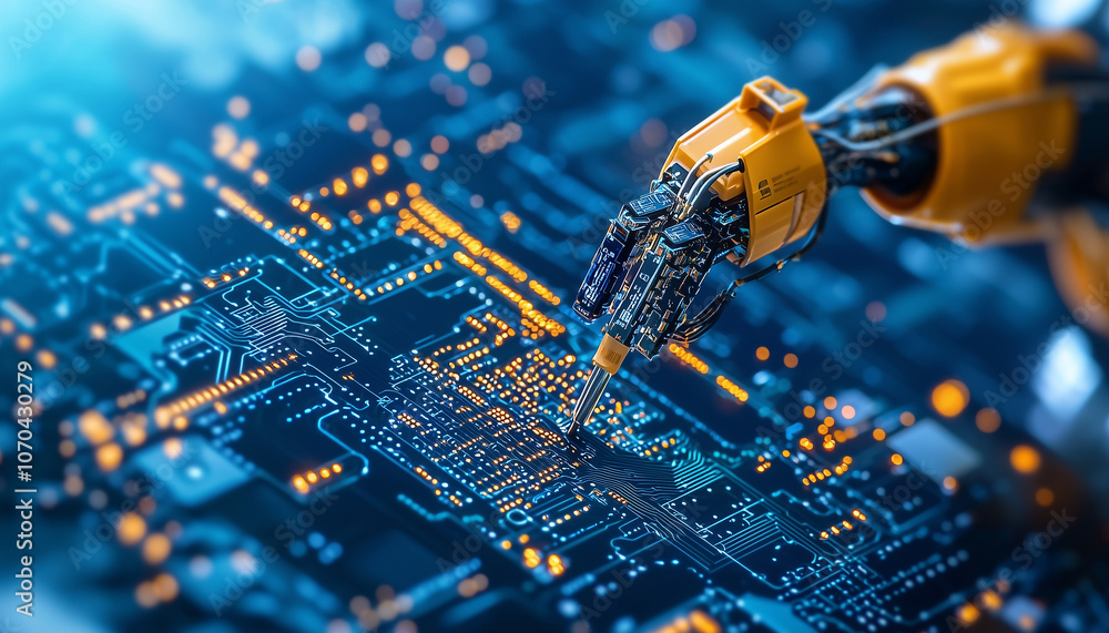 Poster robotic arm delicately works on circuit board, showcasing advanced technology and precision in electronics. scene highlights innovation in engineering and programming
