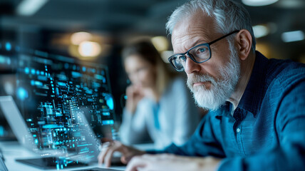 Elderly man focused on using laptop in tech workshop, with digital interface overlay