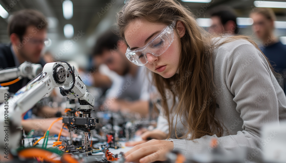 Poster group of tech enthusiasts assembling robotic arm with focus and precision in workshop setting. scene captures collaborative spirit and innovation in technology development