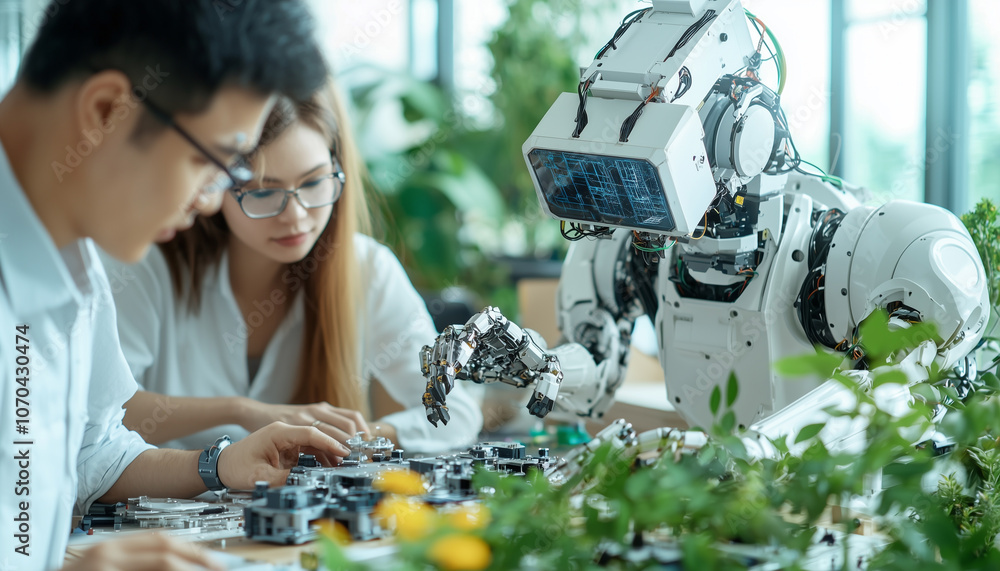 Aufkleber group of tech enthusiasts collaborates with humanoid robot on project, surrounded by greenery and te