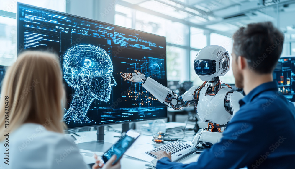 Poster humanoid robot interacts with tech professionals in modern office, discussing ai advancements