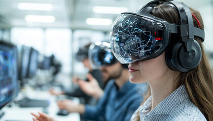 group of tech professionals engaged in lively discussion while using advanced virtual reality headsets in modern office setting