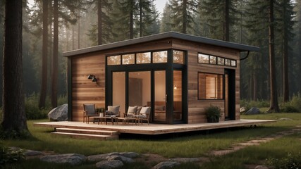 modern tiny house in a forest. Generative AI.