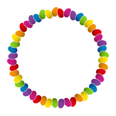 Circle frame from multi colored Easter eggs. Circular arrangement of colorful, rounded shapes forms a vibrant border. Each egg shape displays a gradient transition, creating a rainbow-like effect.