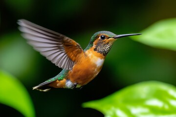 Fototapeta premium Close-up of a hummingbird in flight with intricate feather details, capturing motion and color