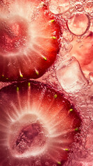 Close-up of a fruit slice in sparkling soda water with bubbles background macro photography