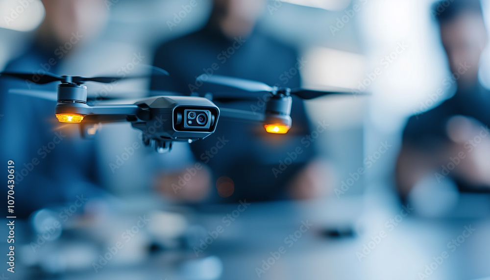 Poster drone hovers in creative studio as innovative team designs and collaborates on new technology. focus is on drone advanced features and team dedication