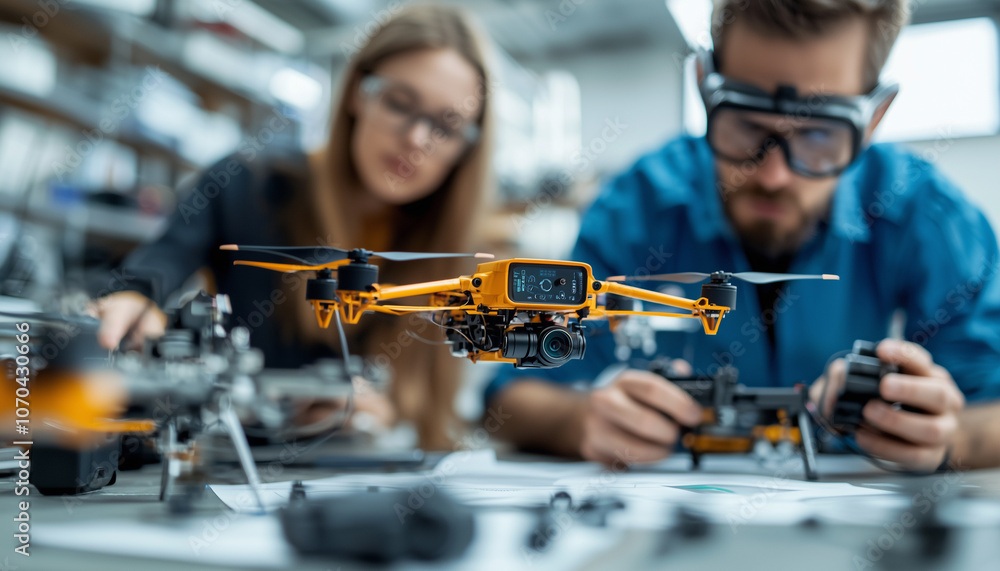 Poster focused team collaborates on designing advanced drone in creative studio