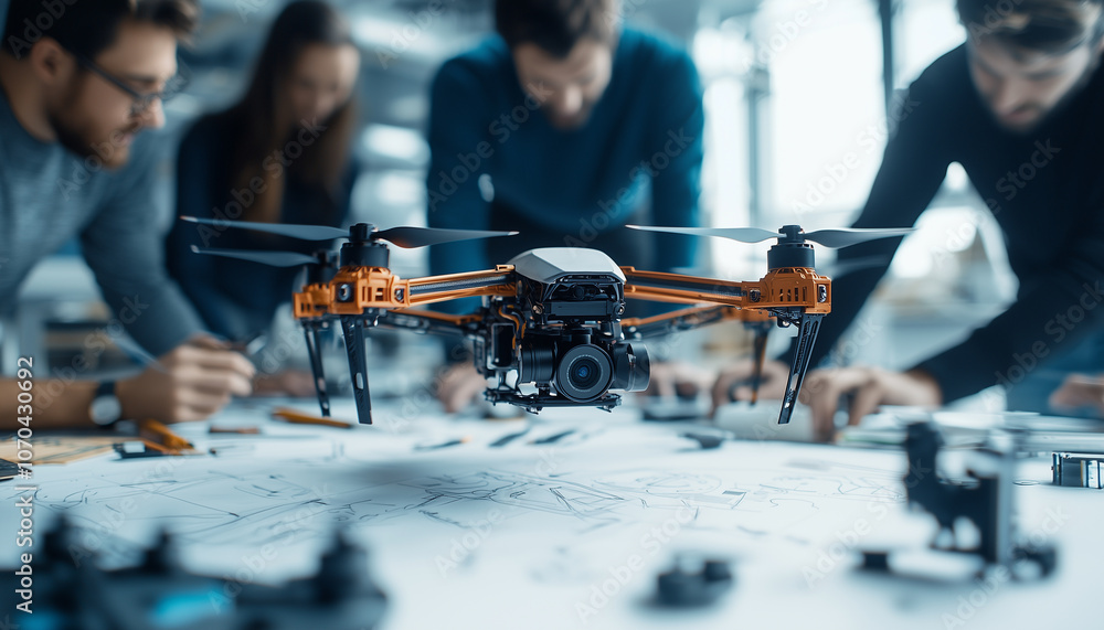 Poster team of innovative designers collaborates on drone project in creative studio, focusing on cutting e