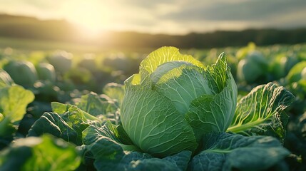 A close-up shot of a cabbage growing in the field