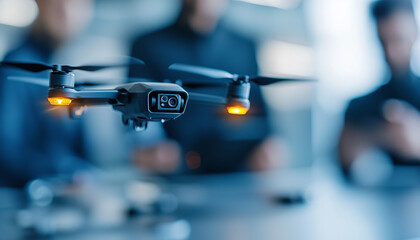 drone hovers in creative studio as innovative team designs and collaborates on new technology. focus is on drone advanced features and team dedication