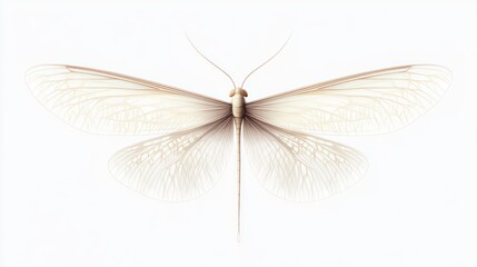 Detailed mayfly with thin, delicate wings, isolated on a white background.
