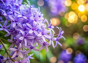 Petrea volubilis blooms in a shadowy garden, bathed in dappled light.