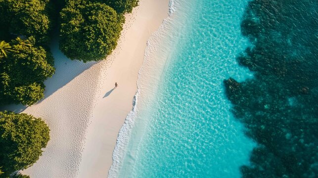 A solitary figure walking on a vast empty beach
 - Powered by Adobe