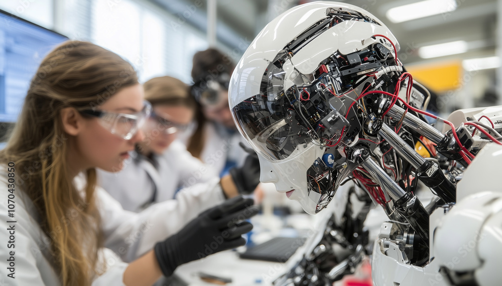 Aufkleber team of scientists tests humanoid robot in lab, focusing on its intricate wiring and design