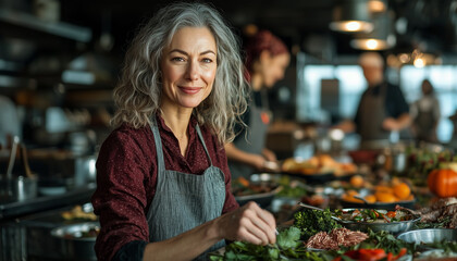 Fototapeta premium middle aged woman with gray hair smiles warmly while preparing fresh ingredients in bustling kitchen, surrounded by vibrant produce and culinary activity