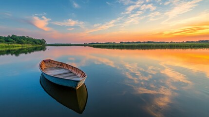 A calm river reflecting the morning sky, with a single boat gently drifting in the water.