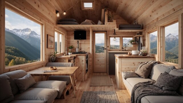 Cozy little tiny house interior in a mountain scene. Beautiful little mountain hut interior. Generative AI.