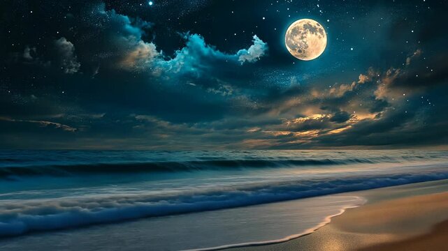 A full moon shines brightly over a sandy beach, casting a glow on the waves crashing against the shore
