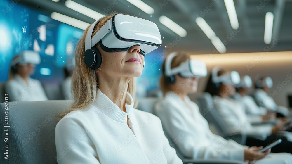 Aufkleber Seniors engaged in digital learning space using virtual reality headsets, exploring immersive technology in modern classroom setting