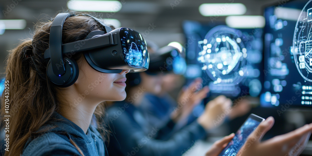 Poster Students using virtual reality headsets in collaborative tech environment