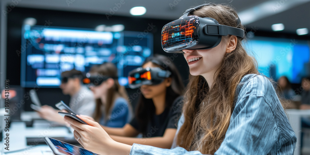 Poster students using virtual reality headsets in classroom setting, engaged in interactive learning with d