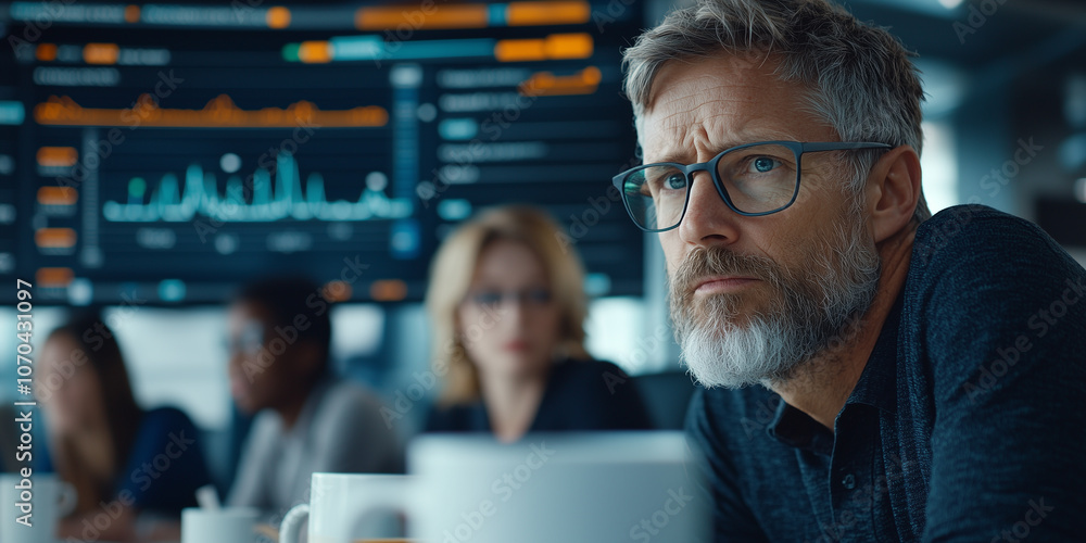 Poster focused man with glasses in meeting room, surrounded by colleagues and digital screens displaying da
