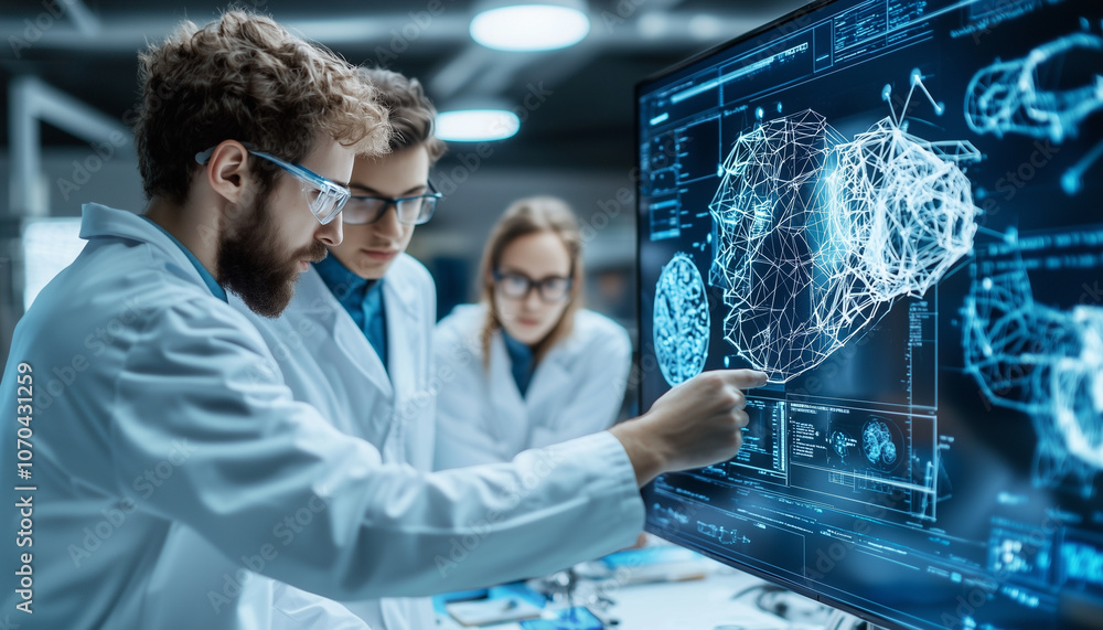 Poster team of young innovators in lab coats analyzes digital interface displaying 3D model of human face, collaborating on advanced technology in modern laboratory setting