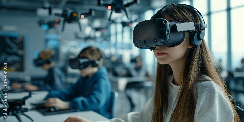 Poster Students engaged in tech savvy classroom, using virtual reality headsets for immersive learning experiences. Drones are visible, enhancing futuristic educational environment