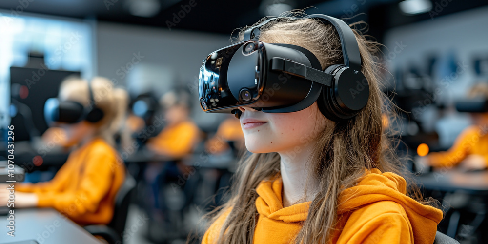 Poster students in tech savvy classroom engage with virtual reality, enhancing their learning experience. i