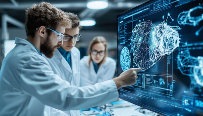 team of young innovators in lab coats analyzes digital interface displaying 3D model of human face, collaborating on advanced technology in modern laboratory setting