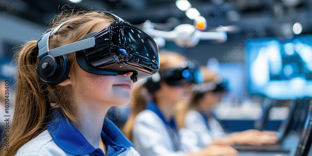 Poster young learners in tech savvy classroom immersed in virtual reality, exploring new digital worlds wit