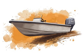 Watercolor Illustration of a Boat with an Outboard Motor.