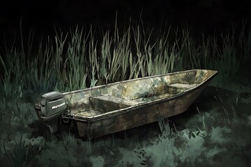 Camouflaged Jon Boat in the Reeds.