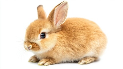 Fototapeta premium A small, fluffy, orange bunny is sitting on a white background