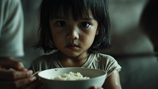 Young Girl Holding a Bowl of Rice, child, hungry, poverty, food, meal