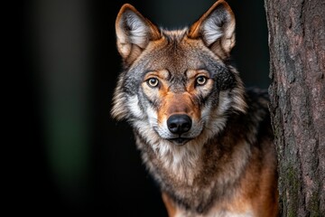 Fototapeta premium Dark and dramatic wolf portrait with shadows and a misty forest backdrop, giving a gothic feel