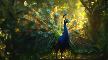 Obraz premium A beautiful peacock displaying its vibrant tail feathers, natural forest background
