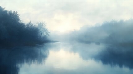 Fototapeta premium Early morning fog drifting over a tranquil river, with soft light peeking through the mist