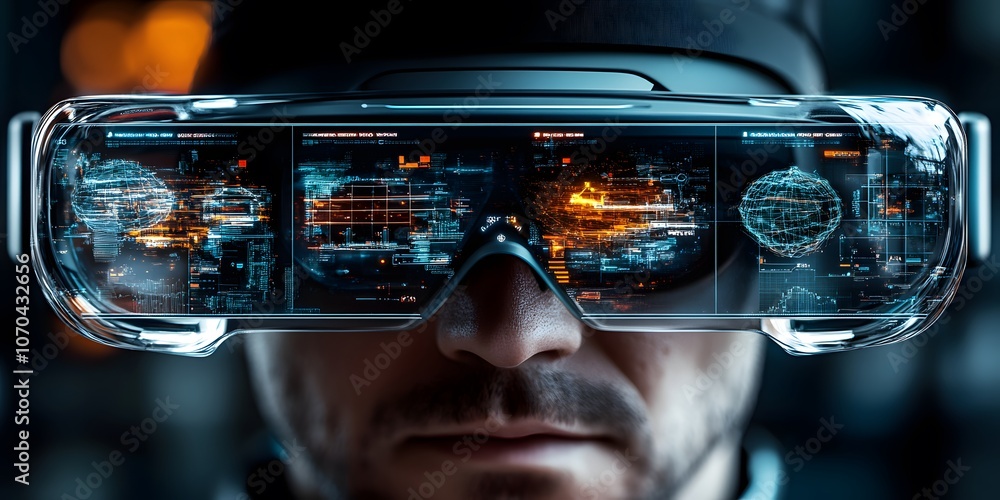 Aufkleber a person wearing augmented reality glasses displaying digital data and interfaces.