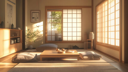Tranquil Minimalist Japanese-Inspired Living Room with Tatami Mats, Low Wooden Furniture, and Soft Neutral Tones in a Calm, Light-Filled Interior