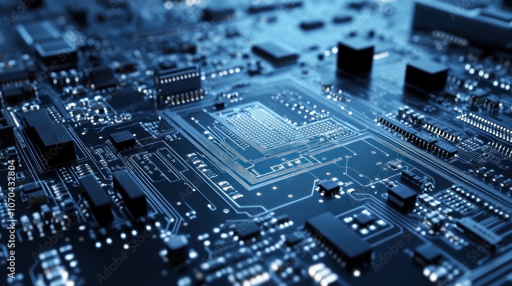 Poster close-up view of a circuit board showcasing intricate electronic components and connections.