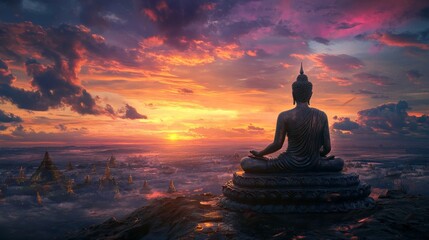 Majestic figure of a venerated arahant in deep meditation, set against a backdrop of a vibrant sunset on a sacred Buddhist festival