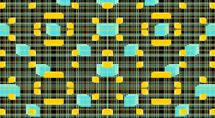Seamless repeating pattern design of lines clinging to blue, yellow squares and rectangles on black background.